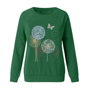 Dark green long sleeve sweatshirt featuring a delicate floral dandelion and butterfly print design.