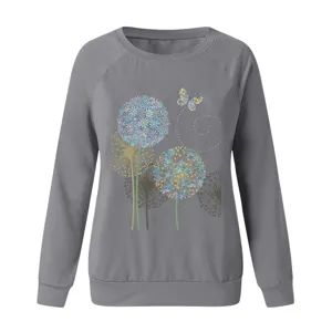 Casual gray long-sleeve sweatshirt for women featuring a delicate dandelion and butterfly print.