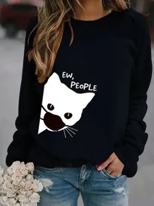 Felpa nera girocollo con stampa di gatto manica lunga casual da donna stile streetwear