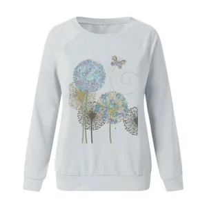 Detailed view of casual light grey long-sleeve sweatshirt with dandelion and butterfly print.