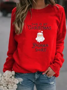 Red Christmas Santa Claus Print Long Sleeve Crewneck Sweatshirt Casual Holiday Pullover