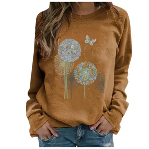 Detailed view of women long sleeve crewneck sweatshirt with dandelion butterfly print brown