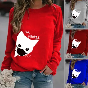 Felpa da Donna Girocollo Con Grafica Gatto Con Mascherina EW PEOPLE Stampa Manica Lunga In Poliestere Top Casual