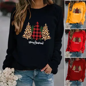 Felpa Donna Merry Christmas Stampa Grafica Albero Leopardato Plaid Girocollo Manica Lunga Casual Top Festivo in Poliestere