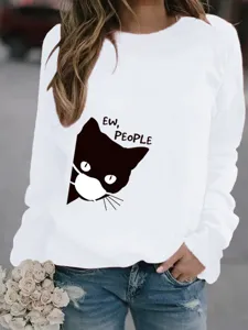 Felpa casual da donna a maniche lunghe con scollo rotondo e stampa di gatto nero.