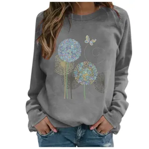 Women grey long sleeve sweatshirt casual crewneck dandelion butterfly print top apparel