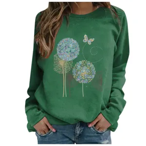 Women casual green long sleeve sweatshirt with elegant dandelion and butterfly print for daily wear.