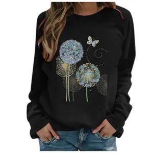 Women long sleeve sweatshirt casual round neck dandelion butterfly graphic print black top tee