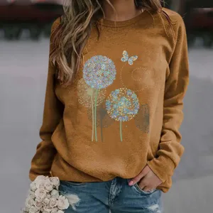 Detailed view of the casual caramel long-sleeve sweatshirt with lovely dandelion graphic.