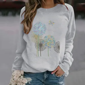 Casual long sleeve sweatshirt for women featuring elegant dandelion and butterfly print design.