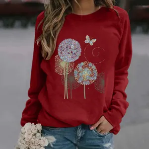 Red long sleeve sweatshirt for women, featuring elegant dandelion and butterfly print.