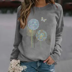 Long sleeve gray sweatshirt for women featuring a delicate dandelion and butterfly print.