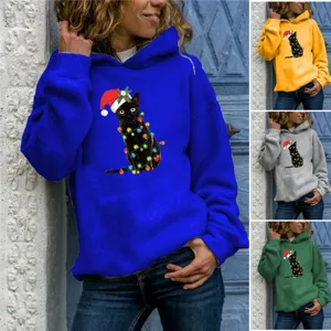 Women Christmas Black Cat Print Long Sleeve Hooded Sweatshirt Pullover Casual Streetwear Hoodie Polyester Top