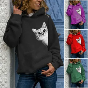 Women's Casual Polyester Long Sleeve Hooded Sweatshirt Cute Cat Animal Print Pullover Hoodie With Kangaroo Pocket Regular Fit