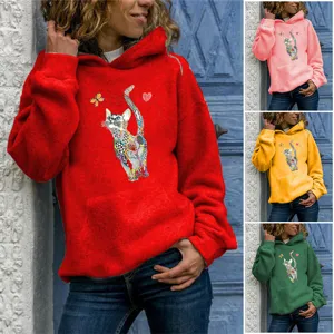 Women Abstract Animal Cat Print Hooded Sweatshirt Casual Long Sleeve Pullover Hoodie With Kangaroo Pocket Polyester Top