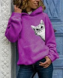 Women's long sleeve cat print hooded sweatshirt casual pullover top with front pocket detail.