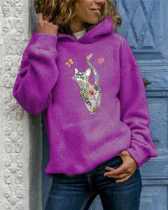 Women's long sleeve hooded sweatshirt featuring an artistic geometric cat print in purple.
