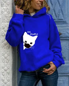 Felpa con cappuccio da donna blu royal a maniche lunghe con stampa gatto carina casual