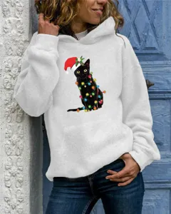 Women long sleeve hooded sweatshirt featuring cute Christmas black cat print detail.