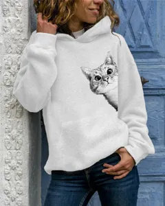 Detailed close-up view showing the adorable cat print on the soft white casual hoodie.
