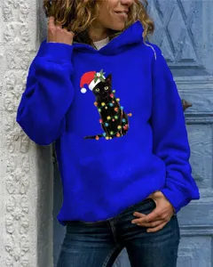Detailed view of women's royal blue hooded sweatshirt featuring a cute Christmas cat print.