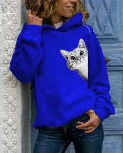 Casual royal blue long sleeve hooded sweatshirt for women featuring cute cat print graphic detail view.