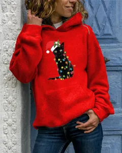 Women's Red Christmas Black Cat Print Long Sleeve Pullover Hooded Sweatshirt Detail View