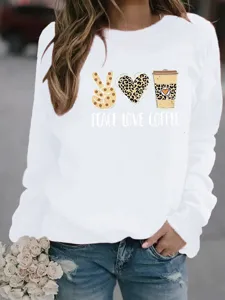 Women white crewneck sweatshirt casual long sleeve top with leopard peace coffee graphic print.
