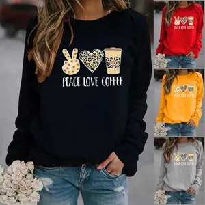 Women's Leopard Animal Print Sweatshirt Polyester Long Sleeve Crew Neck Casual Pullover Top Peace Love Coffee Graphic Jumper