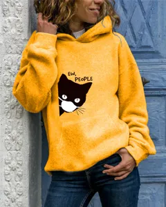 Women long sleeve hooded sweatshirt casual yellow pullover with cute cat graphic top