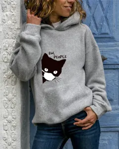 Detailed view of the women's grey hooded sweatshirt featuring a cute black cat wearing a mask graphic.