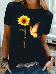 Dames korte mouwen t-shirt met zonnebloem en vlinder print, casual top voor dagelijks gebruik.