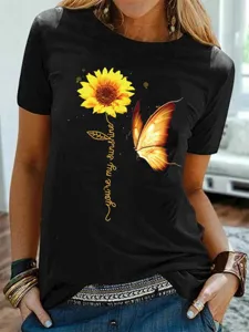 Zwart t-shirt met korte mouwen en zonnebloem vlinder print casual zomertop voor dames