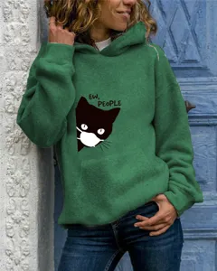Green women hoodie casual long sleeve pullover cute cat graphic hooded sweatshirt streetwear.