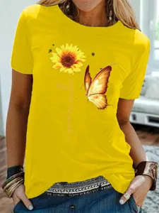 Dames geel korte mouw t-shirt met zonnebloem en vlinder grafische print casual top.