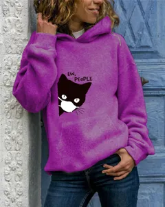 Women's purple hooded sweatshirt with cute cat graphic and long sleeves, casual style detail view.