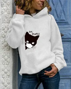 Womens long sleeve hooded sweatshirt casual graphic cat print pullover white top detail view