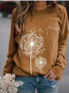 Casual women long sleeve crewneck sweatshirt featuring a beautiful white dandelion print design.