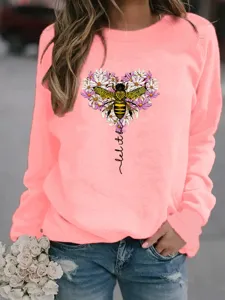 Damen süße Biene Blumenmuster langarm Rundhalsausschnitt Sweatshirt rosa Pullover