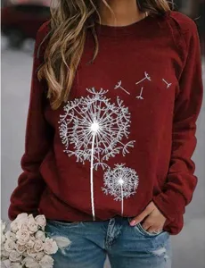Casual loose long sleeve crewneck sweatshirt with elegant white dandelion print design.