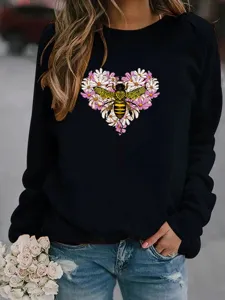 2024 Damen Blumen Biene Print Langarm Rundhals Sweatshirt Freizeitoberteil Pullover