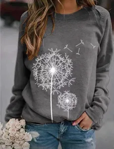 Casual loose grey sweatshirt featuring a white dandelion print, long sleeves, and crewneck.