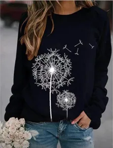 Women casual loose black sweatshirt featuring elegant white dandelion print and long sleeves.