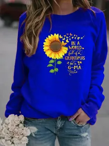 Sweat-shirt à manches longues bleu roi pour femme avec imprimé tournesol et citation.
