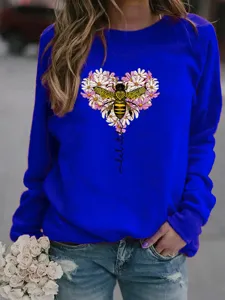 Damen Lässige Langarm Rundhals Sweatshirt mit süßem Gänseblümchen Herz und Biene Druck