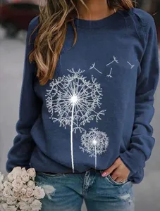 Casual loose long sleeve crewneck sweatshirt featuring white dandelion print design for women