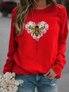 Damen rotes Langarm Sweatshirt mit Biene und Blumen Herz Druck fur Alltag Freizeit Fashion.