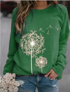 Casual green crewneck long sleeve sweatshirt featuring a lovely white dandelion print design.