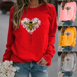 Damen Rundhals Sweatshirt Langarm Lässiger Pullover Grafik Tier Biene Floral Bedruckt Lockeres Sweatshirt Für Damen Winter Oberteile