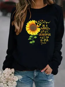 Sweat shirt noir femme manches longues imprimé tournesol lettre haut décontracté chic